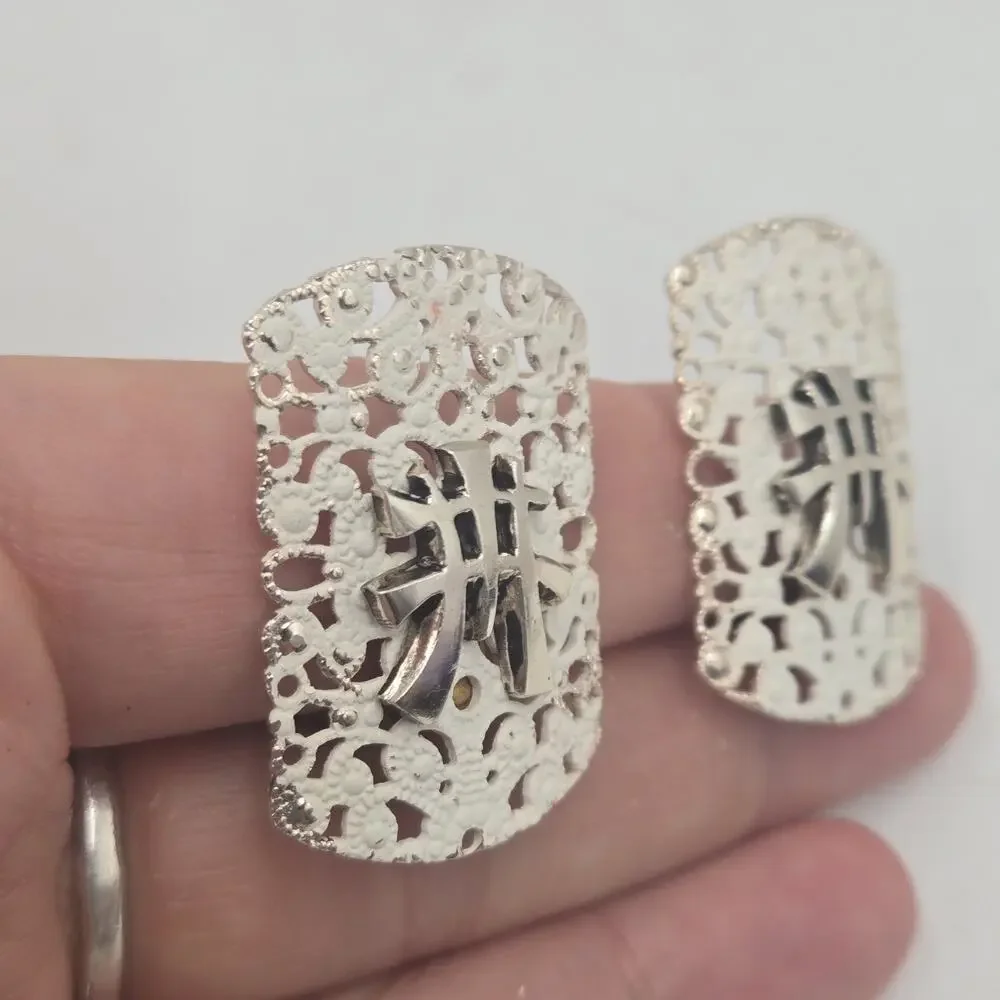 Vtg West Germany Asian Inspired Filigree Clip On Earrings Silver Tone Statement
